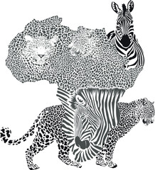 Background with a map of Africa with a leopard and zebra motif