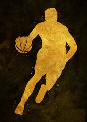 Basketball sport golden art, abstract sport painting. golden sport art print, watercolor illustration artistic, greyscale, decoration wall art. © Yahya Art