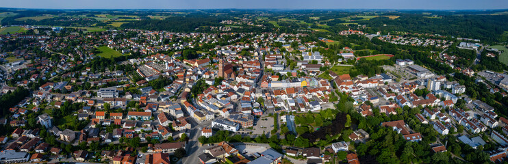 Aerial view around the city Eggenfelden in Germany., Bavaria on a sunny afternoon in spring.