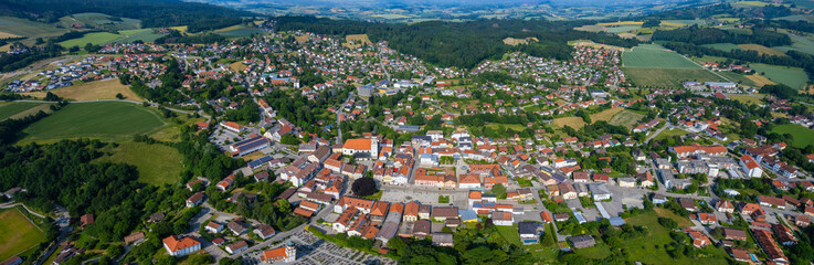 Aerial view around the city Bad Griesbach in Germany., Bavaria on a sunny afternoon in spring.