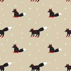 Seamless pattern with black foxes in snow.