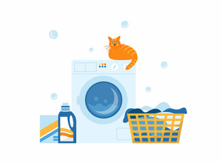 Vector illustration of washing machine and laundry basket isolated on white background.
