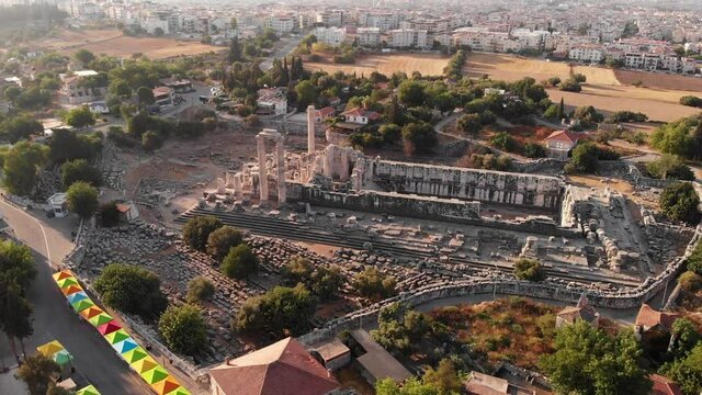 Aerial view of the largest antique greek temple of Apollo in Didim, Turkey.