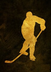 Ice hockey player sport golden art, abstract sport painting. golden sport art print, watercolor illustration artistic, greyscale, decoration wall art.