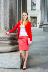 Portrait of Young Girl. Dressing in a red blazer, white under wear, a red skirt, open toes high...