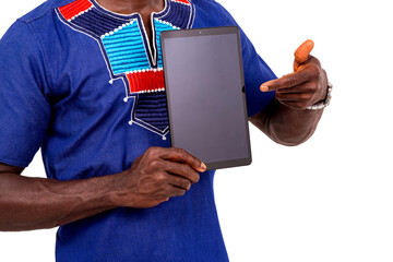 hands of a businessman pointing finger at digital tablet.