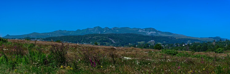 Panoramic view of the Sancy Puys Chain in summer. Auvergne, France
