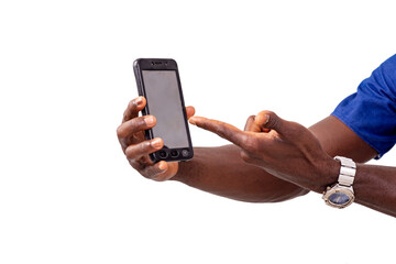 hands of an adult man pointing his finger at mobile phone screen.