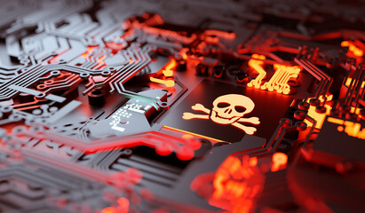 Fototapeta Vulnerable computer hardware being hacked and network ransomware digital cybercrime background concept. 3D illustration. obraz