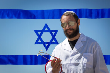 Bearded Charming American Jewish doctor man in white Yarmulke (hat, Kippah, jewish hat) wearing...
