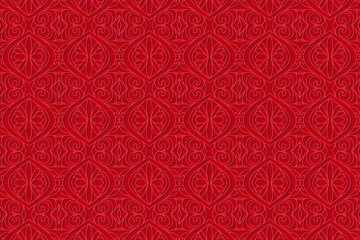 Geometric volumetric convex 3D pattern for wallpaper, websites, textiles. Embossed red background in traditional oriental, Indian style. Texture with ethnic ornament. Handmade art technique.