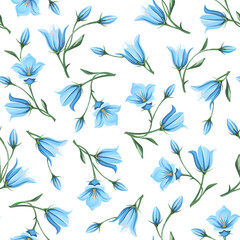 Fototapeta premium Vector seamless floral pattern with blue bluebell (campanula) flowers on a white background.