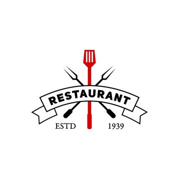 restaurant logo with fork and spatula object. online shop logo and chaf logo