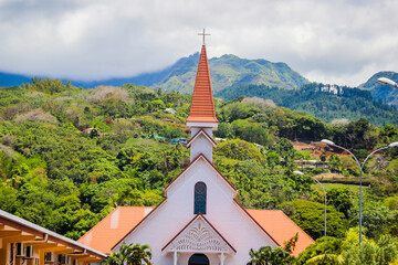 Tahiti and Moorea Islands Catholic churches French Polynesia - obrazy, fototapety, plakaty