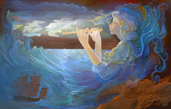 Song of the sea. Oil painting on wood. Portrait of a beautiful girl playing the flute near Nordic sea. Fantasy illustration for an old medieval maritime legend. Surrealism style.