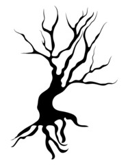 Black tree silhouette on white background. Isolated Vector illustration of Halloween dead tree.