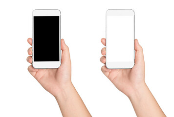 Woman hand holding smartphone black and white screen isolated on white background.