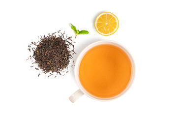 Cup of tea with mint leaves isolated on white background.