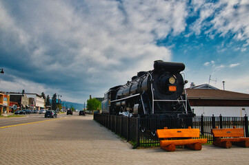 The historic Canadian National locomotive placed beside the Jasper station.  Jasper AB Canada 
