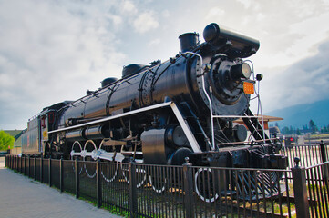 The historic Canadian National locomotive placed beside the Jasper station.  Jasper AB Canada 
