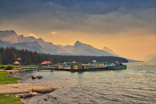 The port of the cruise ship on Maligne Lake.   Jasper AB Canada 
