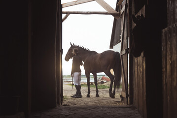Horsewoman standing with her dark bay horse outside the stable. Posing for the camera. View from...