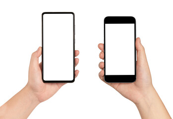 Hand holding smartphone on white background.