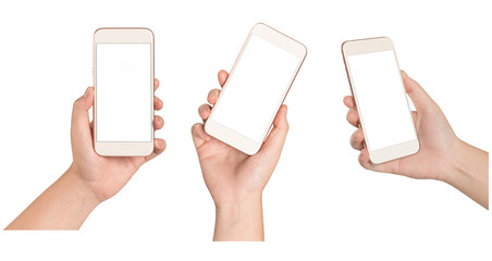 Woman hand holding mobile phone with blank screen and modern frameless design three position on white background.