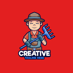 Farmers holding rake mascot logo design illustration