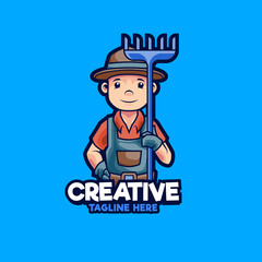 Farmers holding rake mascot logo design illustration