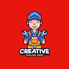 Mechanic holding wrench logo design mascot illustration