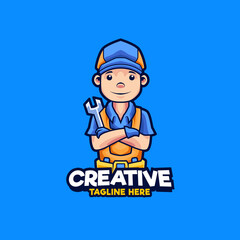 Mechanic holding wrench logo design mascot illustration