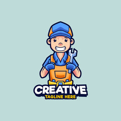 Plakat Mechanic holding wrench logo design mascot illustration