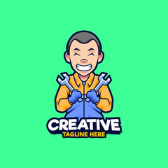 Mechanic holding wrench logo design mascot illustration