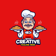 Chef serve hot bread logo design mascot illustration