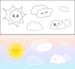 Sun and clouds coloring page. Sky activity worksheet for teachers and students. Children's illustration.