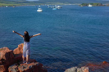 Fototapeta na wymiar Happy young brunette woman open her arms to the sky and sea and enjoying life 