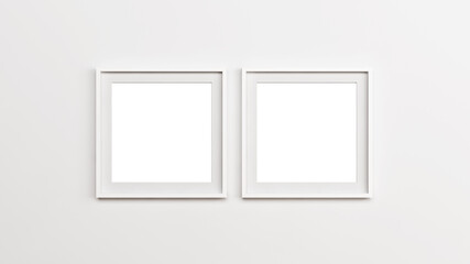 White square wooden frames mockup. Two white square wooden frames on the empty white wall.