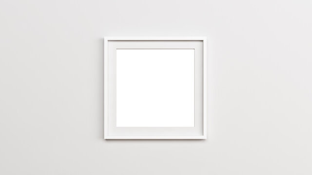 White square wooden frame mockup. A white square frame on the empty white wall.