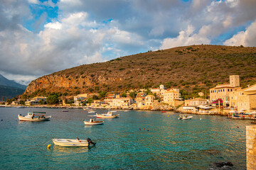 Scenic view from the picturesque seaside village Limeni. Traditional houses and colorful stoned buildings in Limeni, Mani area, Laconia, Greece