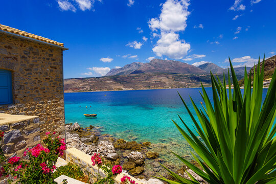 Scenic view from the picturesque seaside village Limeni. Traditional houses and colorful stoned buildings in Limeni, Mani area, Laconia, Greece