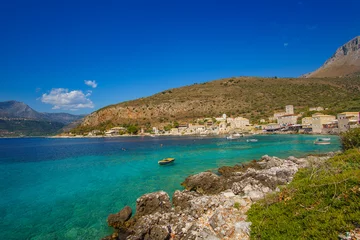 Foto op Plexiglas Scenic view from the picturesque seaside village Limeni. Traditional houses and colorful stoned buildings in Limeni, Mani area, Laconia, Greece © panosk18