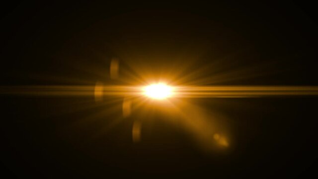 4K Animation flickering glowing orange Golden lens flare spot light in shaking motion. 4K seamless loop on black background. Light color. Optical Lens Flare Effect and leaks Light and transitions