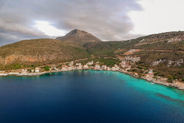 Iconic aerial view over the picturesque seaside Limeni village in Mani area, Laconia, Greece
