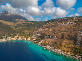 Obraz na płótnie Canvas Iconic aerial view over the picturesque seaside Limeni village in Mani area, Laconia, Greece