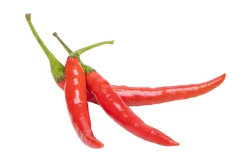Fotobehang Close up whole and chili spicy color. It is a food ingredient in Thailand. One chili hot pepper clipping path. Fresh pepper. popular in Thailand. isolated on white background. © Thepporn