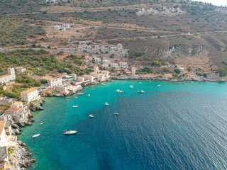 Iconic aerial view over the picturesque seaside Limeni village in Mani area, Laconia, Greece