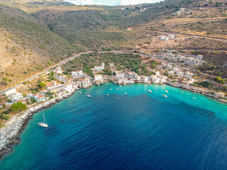 Fototapeta na wymiar Iconic aerial view over the picturesque seaside Limeni village in Mani area, Laconia, Greece