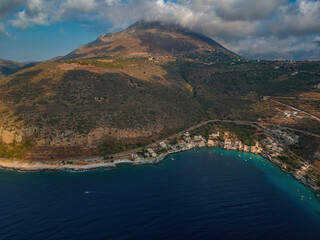 Iconic aerial view over the picturesque seaside Limeni village in Mani area, Laconia, Greece