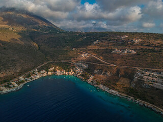 Iconic aerial view over the picturesque seaside Limeni village in Mani area, Laconia, Greece